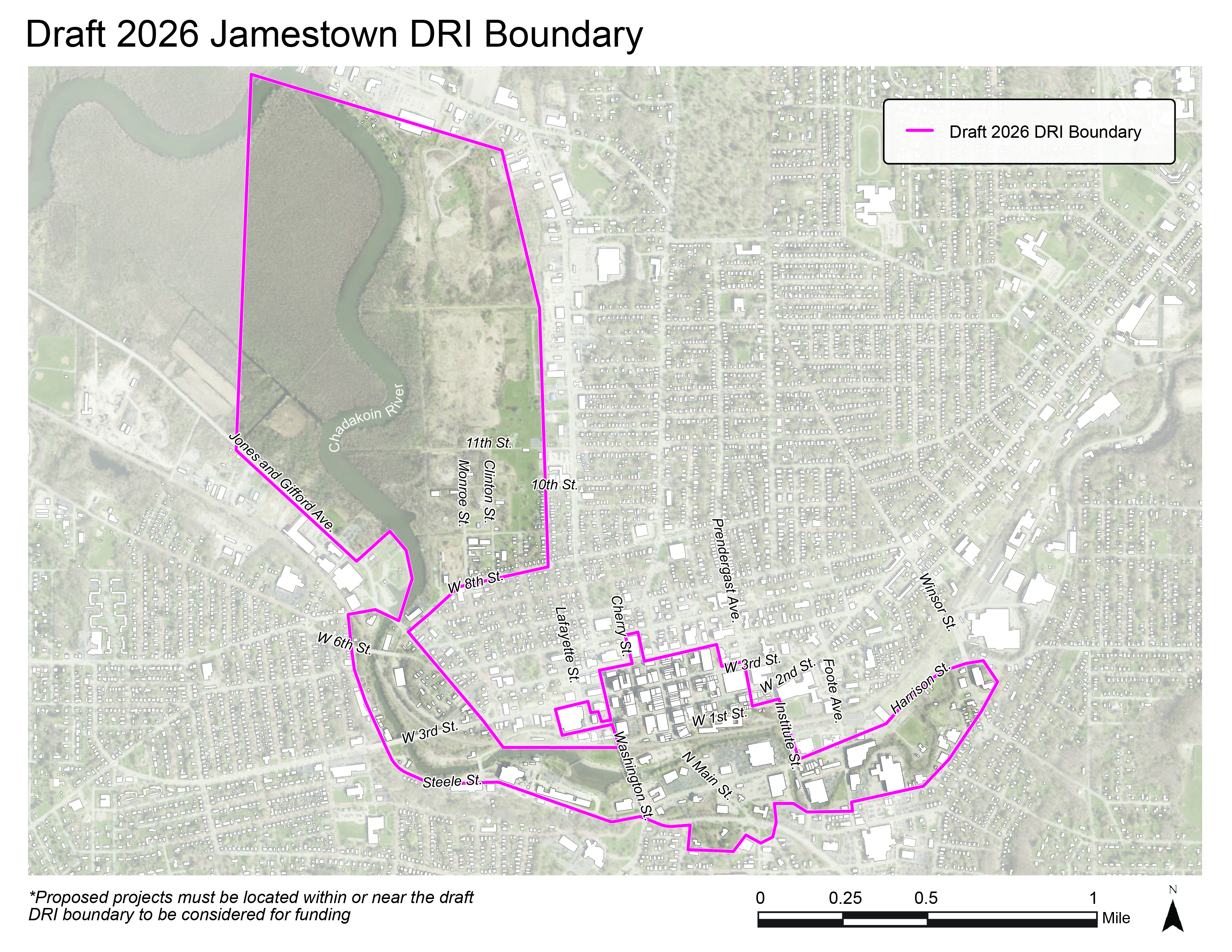 Aerial map of the 2026 DRI boundary in downtown Jamestown, New York, shown with a solid magenta outline and extends north along the Chadakoin River. Major streets, the Chadakoin River, a north arrow, and a scale bar from 0 to 1 mile are included.
